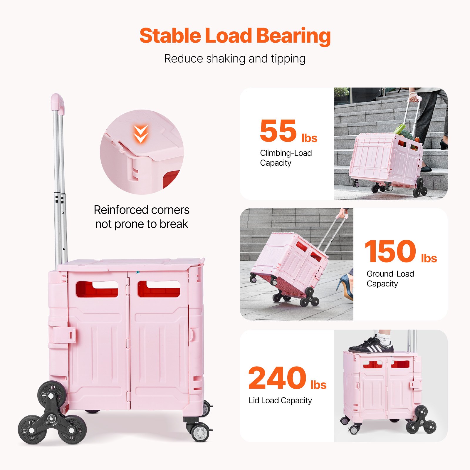 VEVOR Foldable Utility Cart, 65L Collapsible Portable Crate Rolling Cart with Stair Climbing Wheels & 360° Swivel Wheels, Hand Cart with Telescoping Handle for Shopping Office Moving Teacher, Pink
