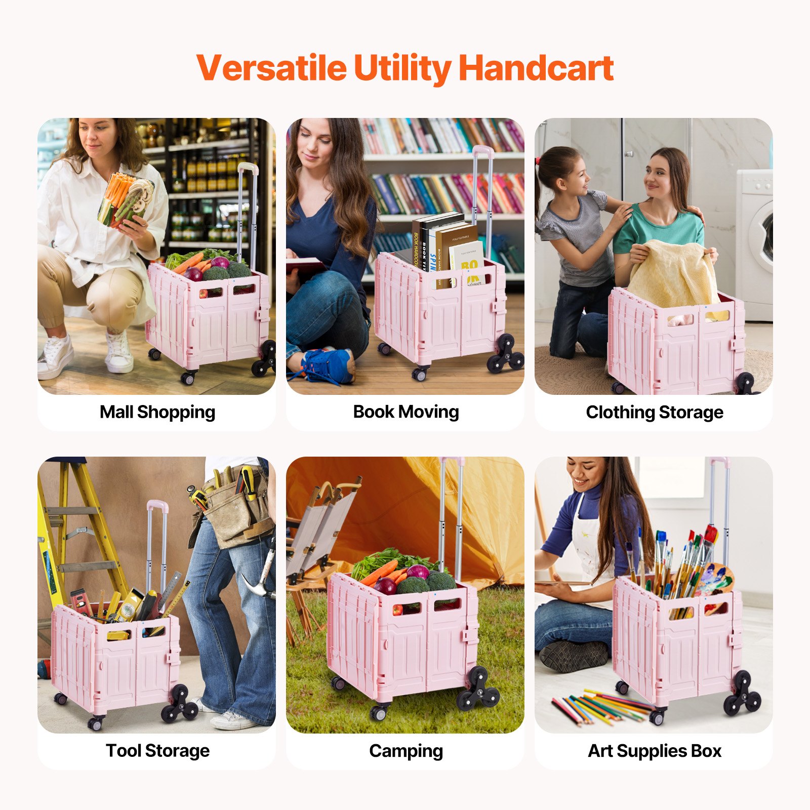VEVOR Foldable Utility Cart, 65L Collapsible Portable Crate Rolling Cart with Stair Climbing Wheels & 360° Swivel Wheels, Hand Cart with Telescoping Handle for Shopping Office Moving Teacher, Pink