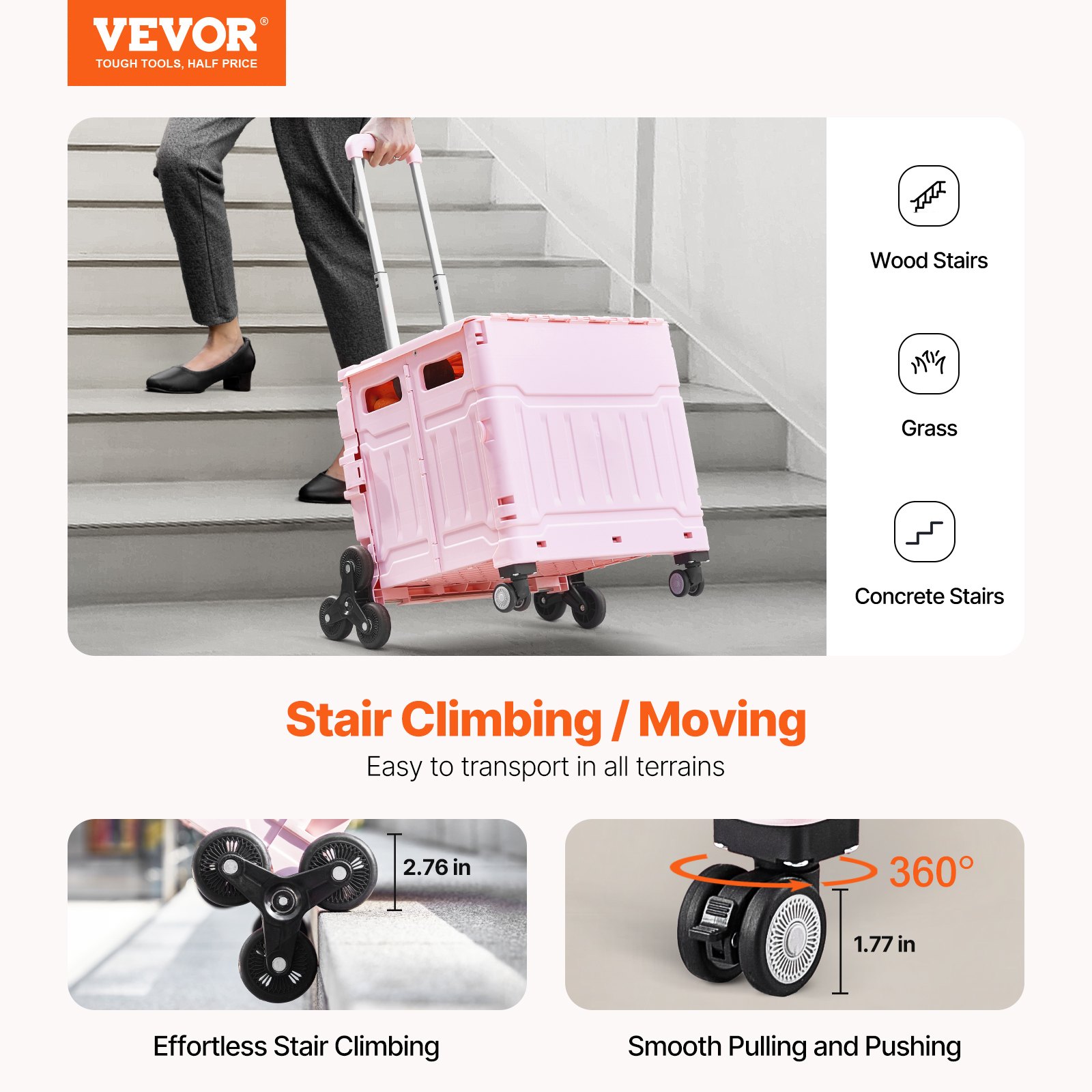 VEVOR Foldable Utility Cart, 65L Collapsible Portable Crate Rolling Cart with Stair Climbing Wheels & 360° Swivel Wheels, Hand Cart with Telescoping Handle for Shopping Office Moving Teacher, Pink