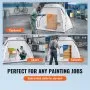 VEVOR portable paint booth used for painting cupboards, chairs, and cabinets in a workshop setting.