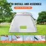 VEVOR portable paint booth in a backyard with step-by-step setup instructions shown in inset images.