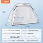 VEVOR portable paint booth with dimensions, assembly details, and package contents on a blue background.