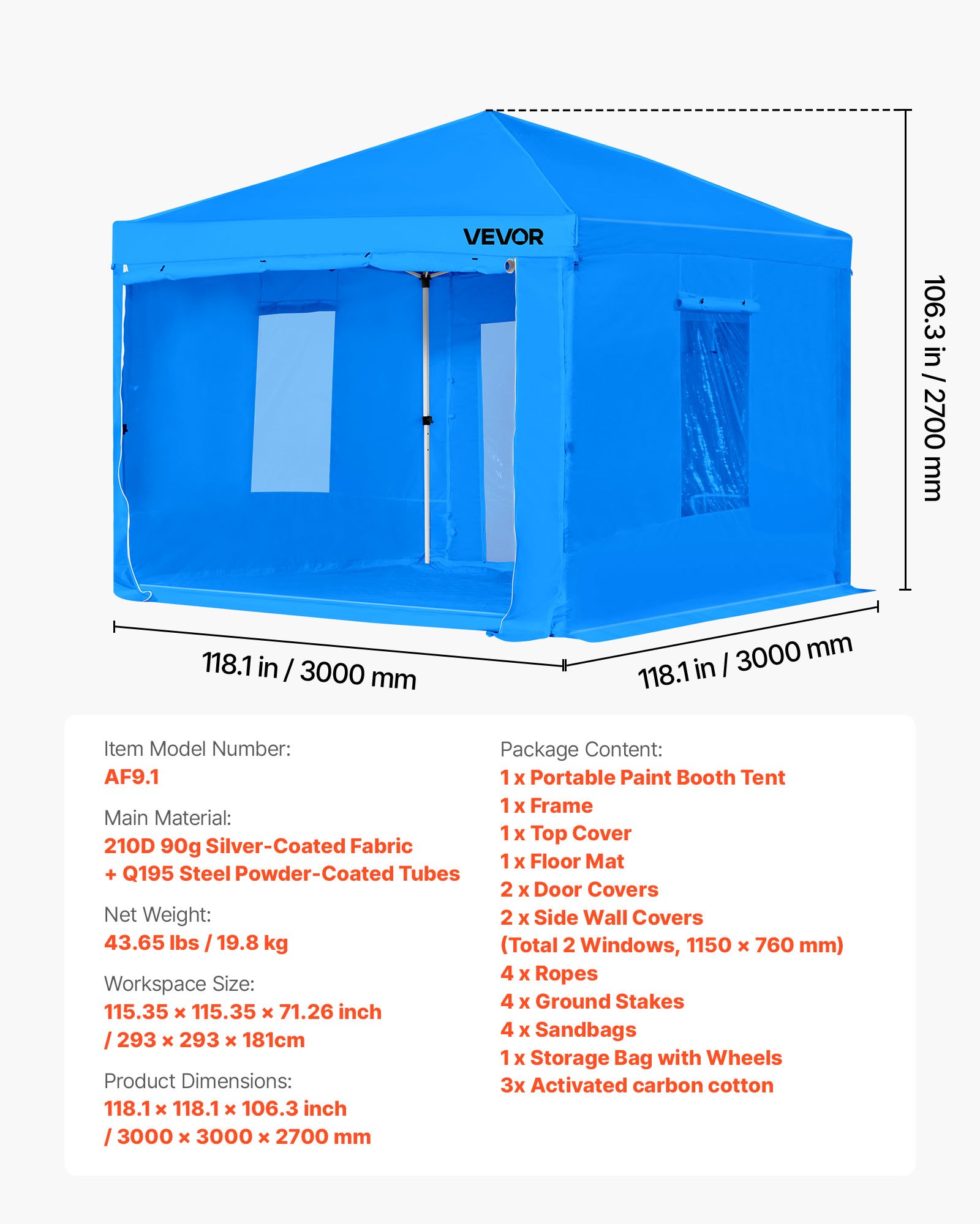 VEVOR - Carpa portátil para cabina de pintura (115,35 x 115,35 x 71,26 pulgadas), impermeable, con marco plegable y dos ventanas laterales de malla para autopartes, muebles y motocicletas.
