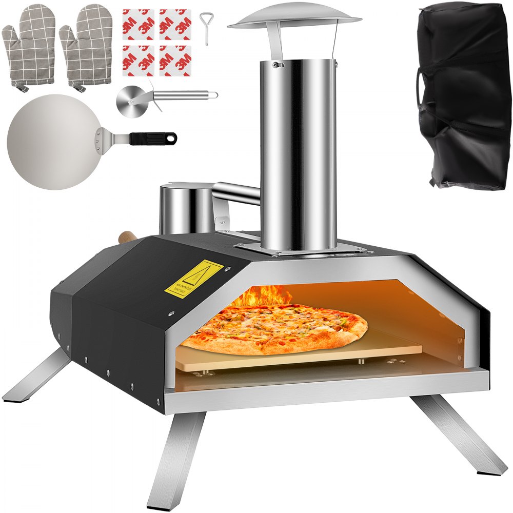 VEVOR Horno de pizza portátil, horno de pizza de pellets de 12 pulgadas, horno de pizza de acero inoxidable al aire libre, horno de pizza de leña con pies plegables, horno de leña portátil con accesorios completos y bolsa de pizza para cocinar al aire libre