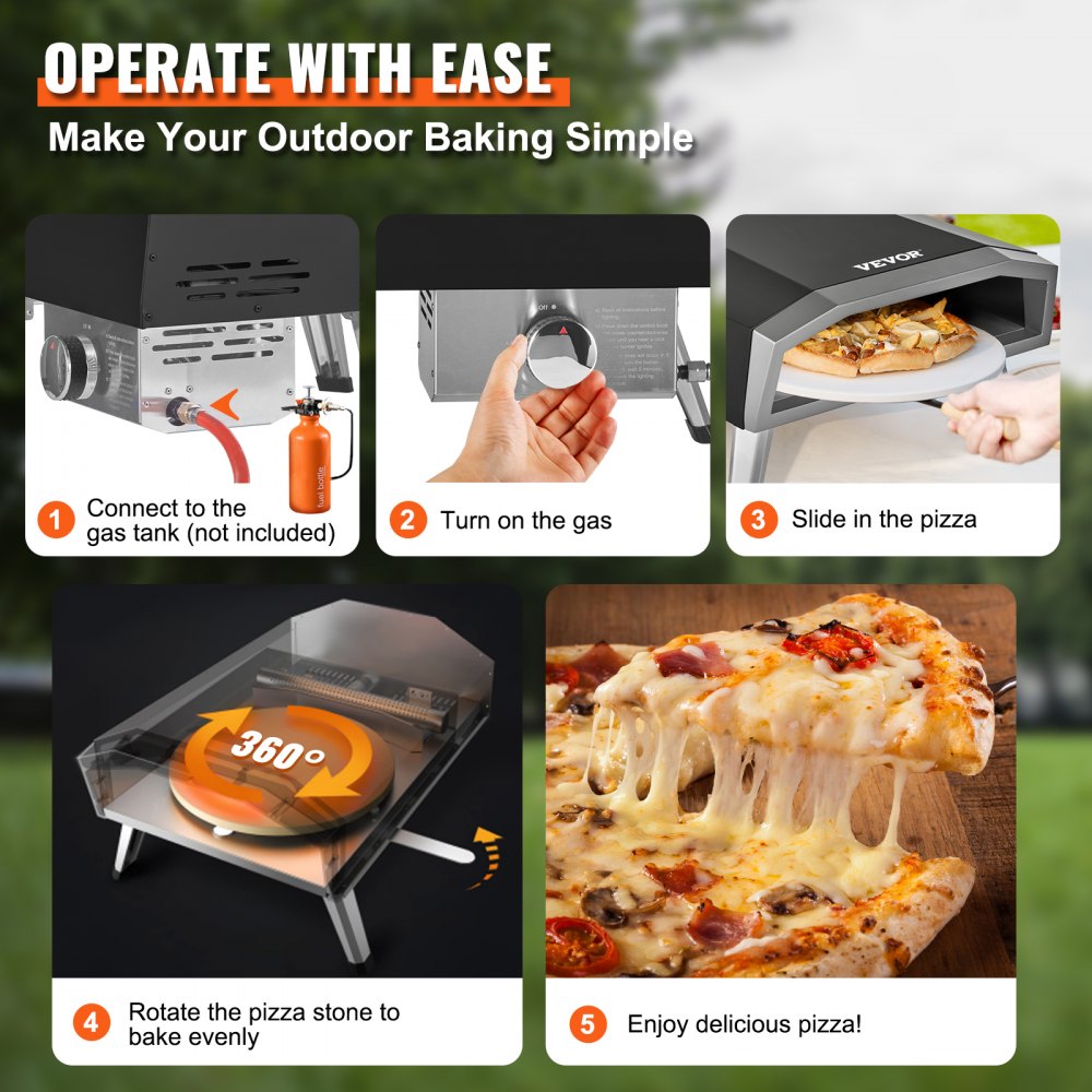 VEVOR Outdoor Pizza Oven, 406.4 mm, Gas Fired Pizza Maker, Portable Outside Stainless Steel Pizza Grill with 360° Rotatable Pizza Stone, Waterproof Cover, Peel, IR Thermometer, Gas Burner, CSA Listed