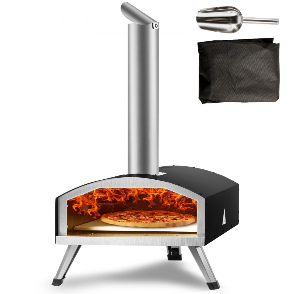 VEVOR outdoor oven with pizza baking inside, chimney, scoop, and black cover.