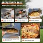 VEVOR outdoor oven steps: fill tray with pellets, ignite fire, prepare, turn pizza, enjoy delicious pizza.