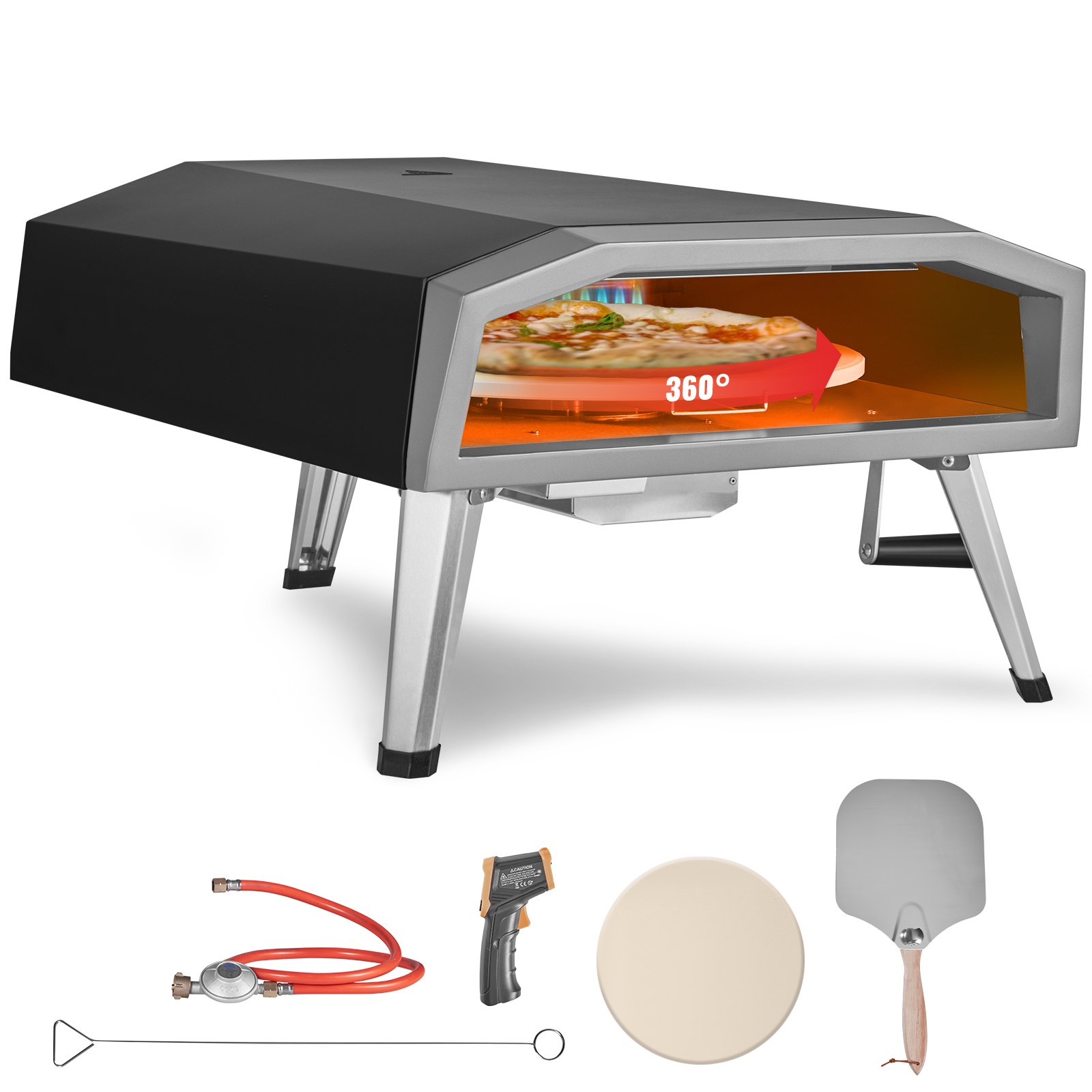 Outdoor Pizza Oven, 16-inch, Gas Fired Pizza Maker, Portable Outside Stainless Steel Pizza Grill with 360° Rotatable Pizza Stone, Waterproof Cover, Peel, IR Thermometer, Gas Burner, CSA Listed Outdoor Pizza Oven, 16-inch, Gas Fired Pizza Maker, Portable Outside Stainless Steel Pizza Grill with 360° Rotatable Pizza Stone, Waterproof Cover, Peel, IR Thermometer, Gas Burner, CSA Listed