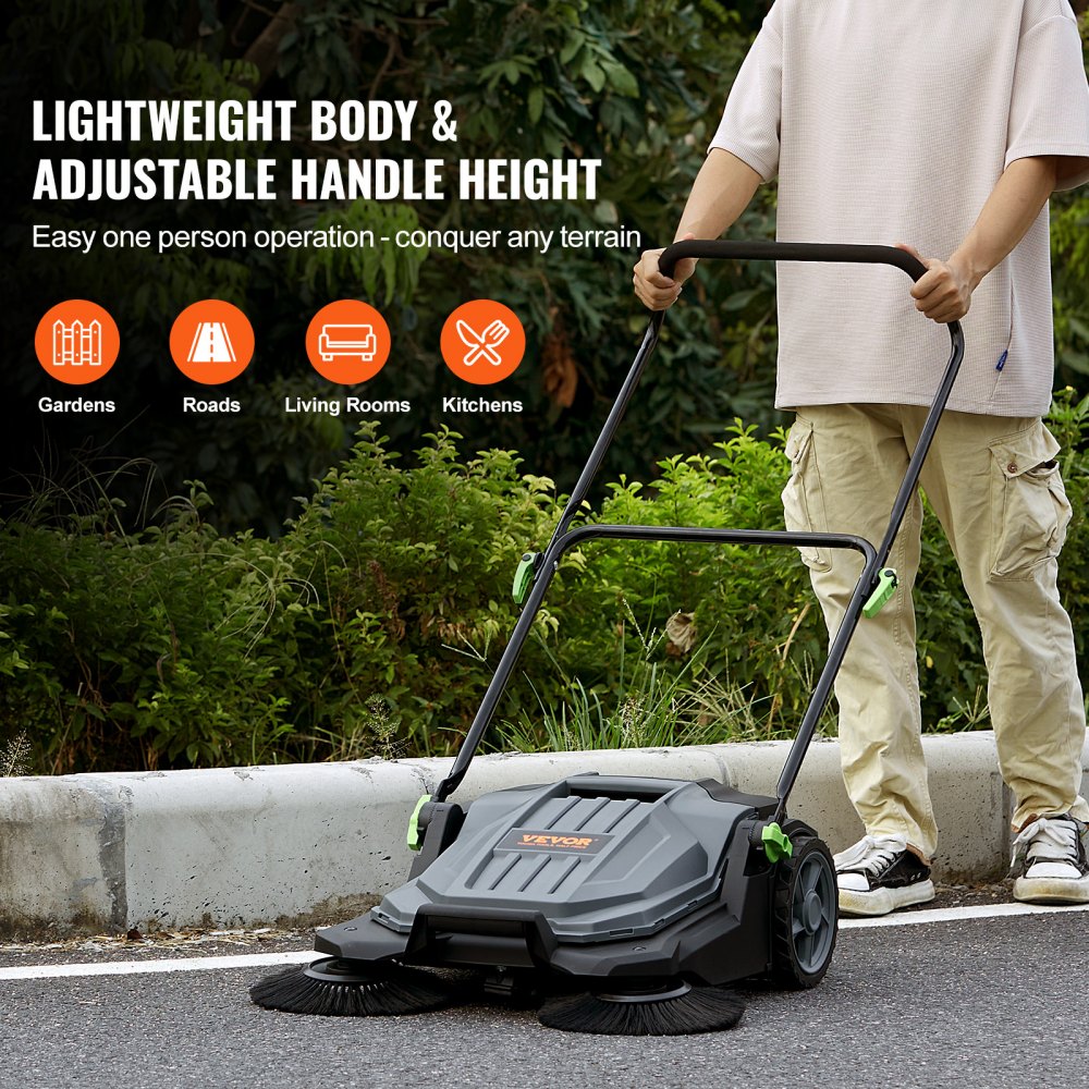 VEVOR floor sweeper with adjustable handle shown outdoors, ideal for gardens, roads, living rooms, kitchens.