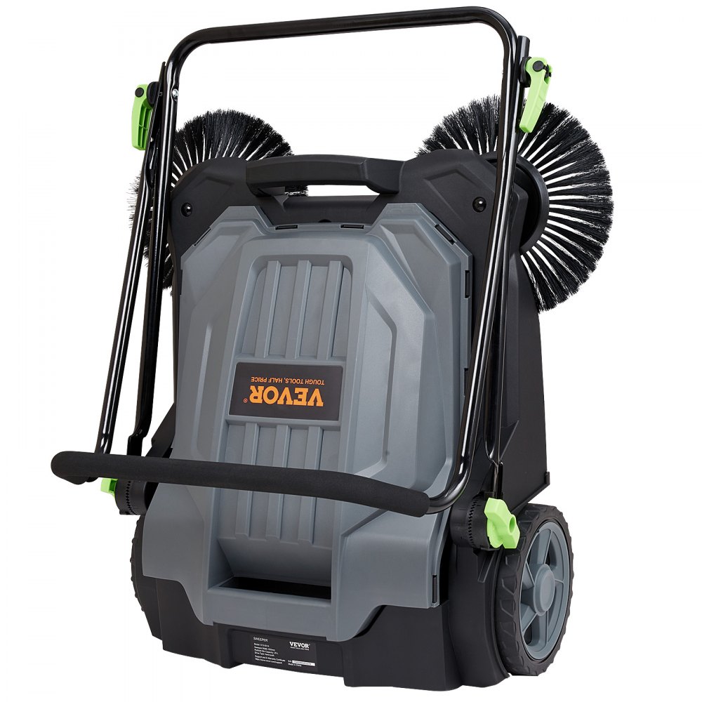 VEVOR floor sweeper with dual brushes and sturdy wheels, ideal for efficient floor cleaning.