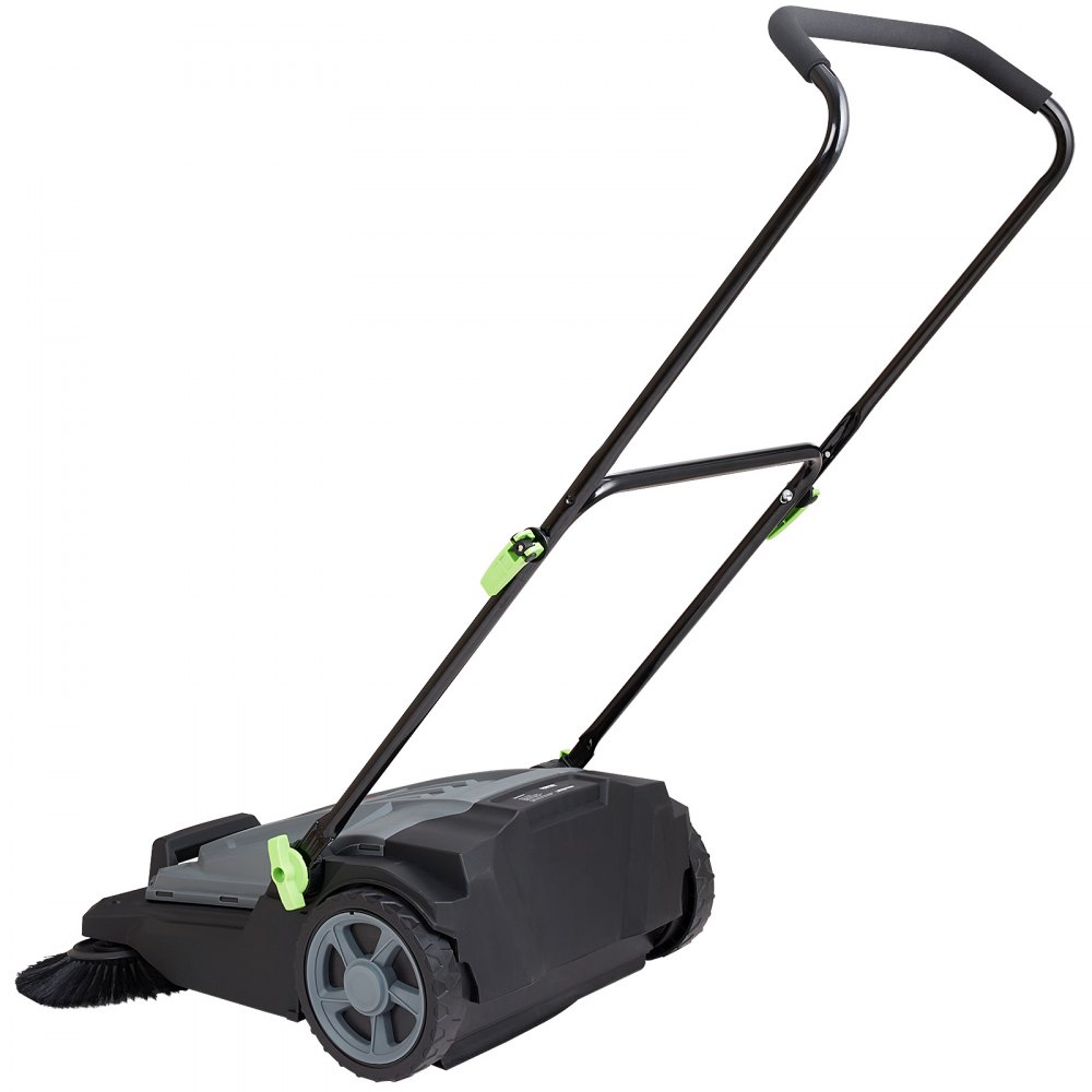 VEVOR floor sweeper with ergonomic handle, large wheels, and side brushes on a white background.