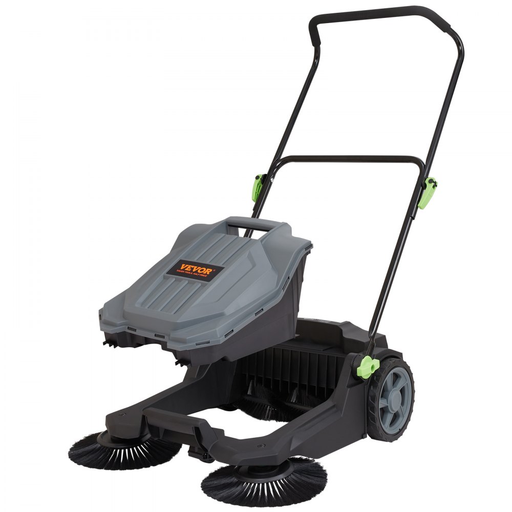 VEVOR floor sweeper with dual brushes, ergonomic handle, and large gray debris container.