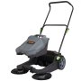 VEVOR floor sweeper with dual brushes, ergonomic handle, and large gray debris container.