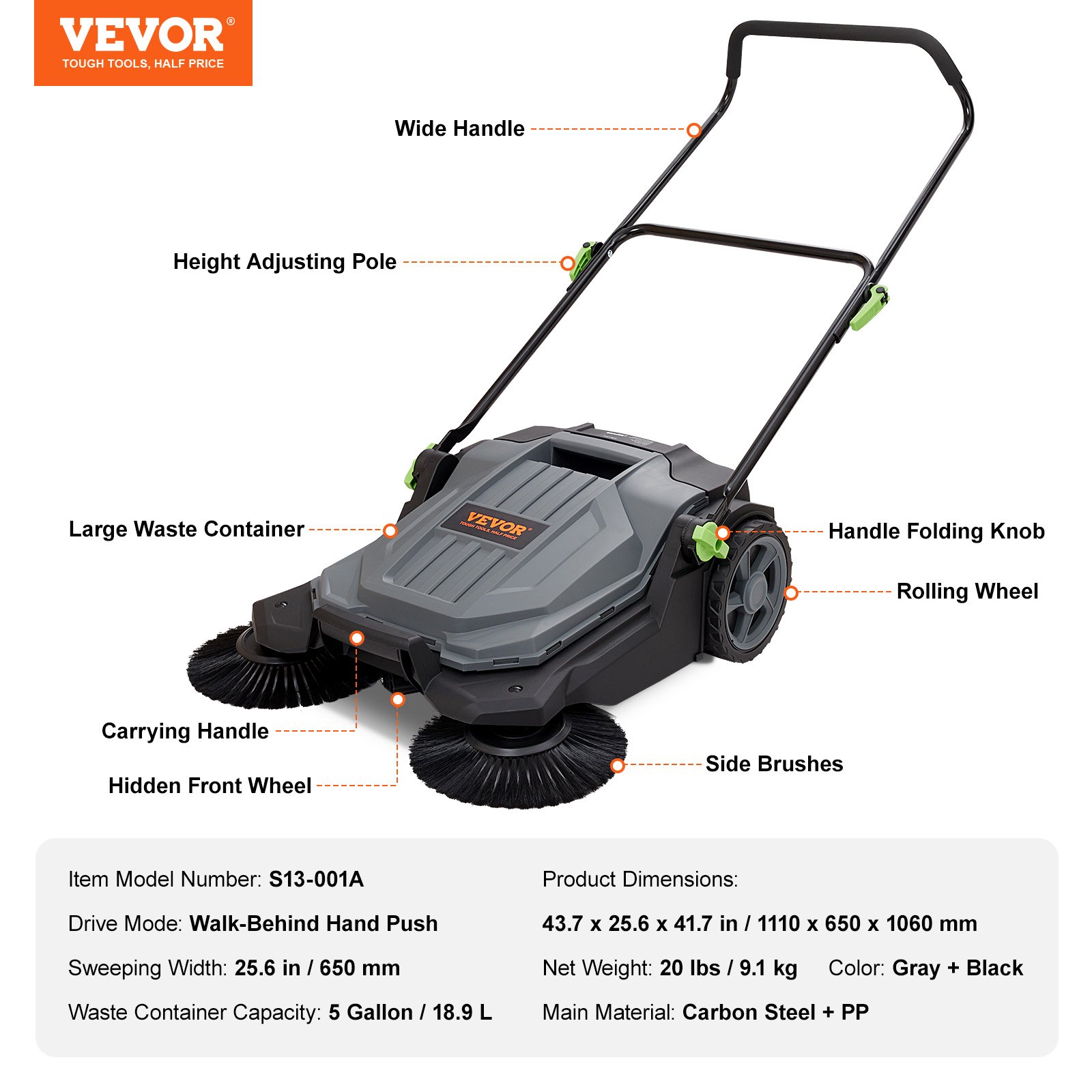 VEVOR floor sweeper with wide handle, height adjusting pole, large waste container, and side brushes.
