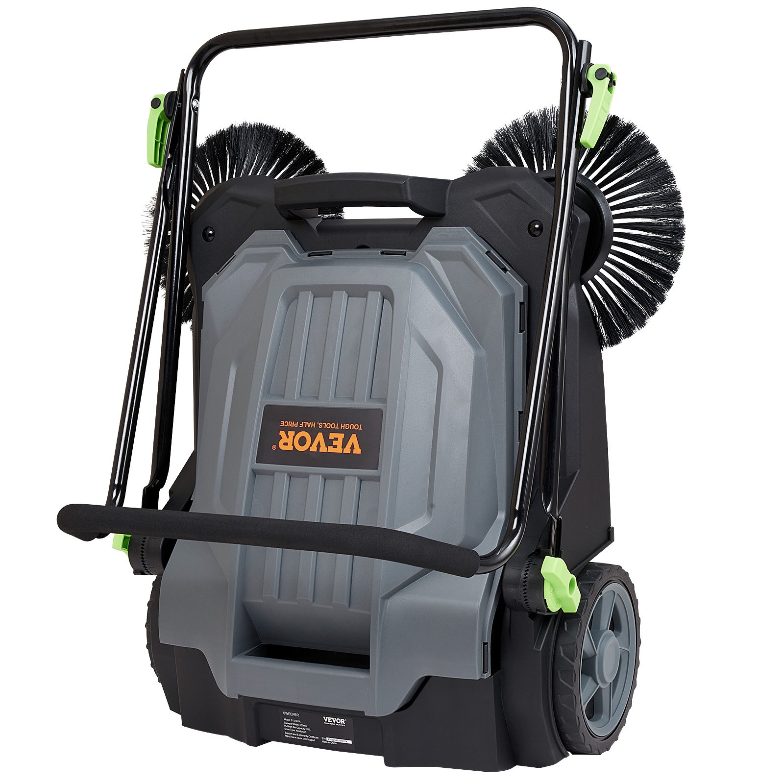 VEVOR floor sweeper with dual brushes and sturdy wheels, ideal for efficient floor cleaning.