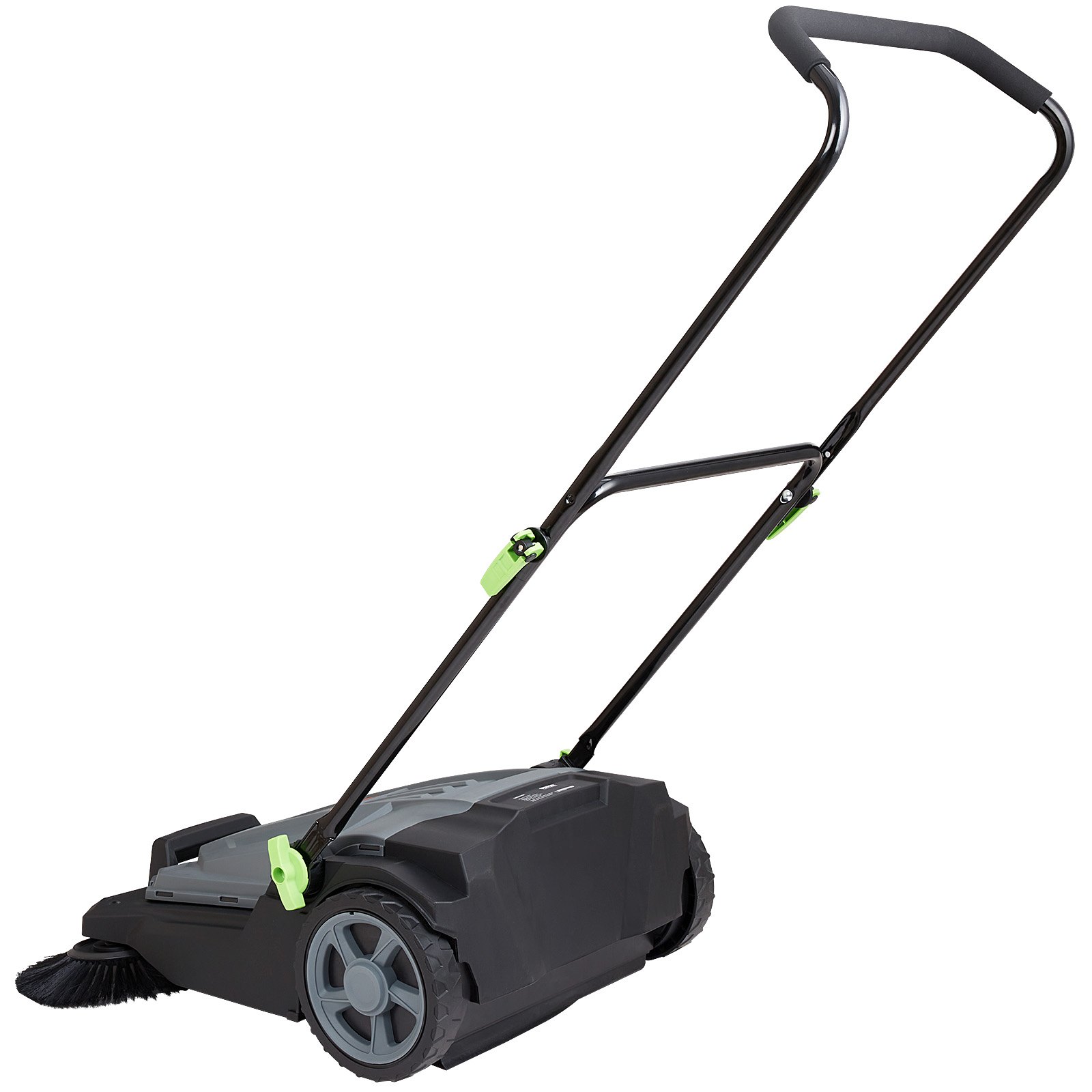 VEVOR floor sweeper with ergonomic handle, large wheels, and side brushes on a white background.