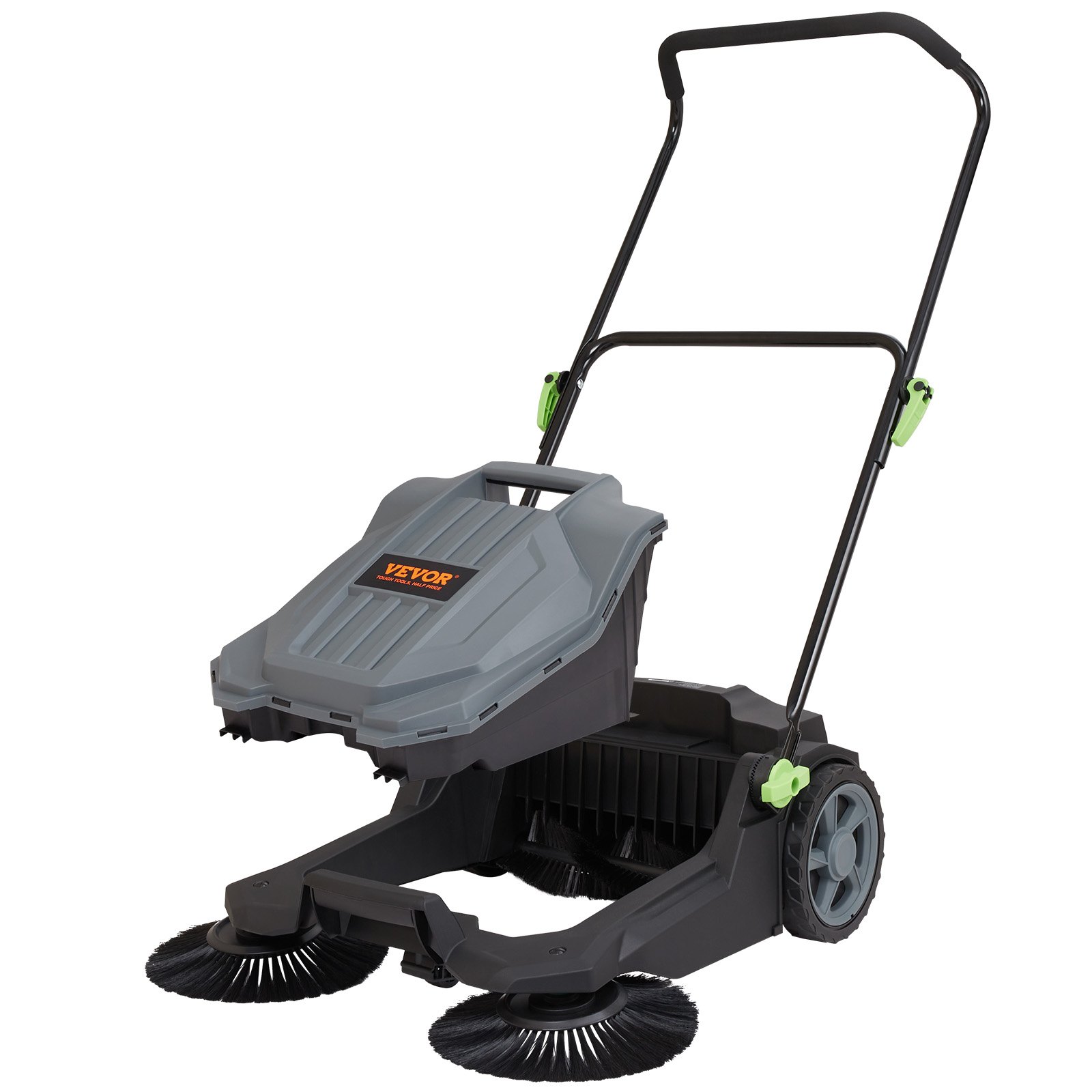 VEVOR floor sweeper with dual brushes, ergonomic handle, and large gray debris container.
