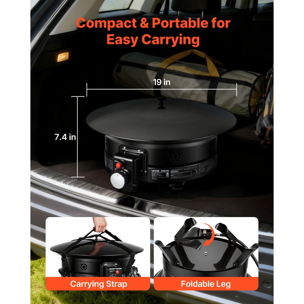 VEVOR Propane Fire Pit 19-Inch, 53,000 BTU Portable Gas Fire Pit, with Grill Grate & Lava Rocks, Adjustable Flame, Folding Legs,Smokeless Outdoor Firebowl for Camping, Patio, Backyard, Deck, RV, Black