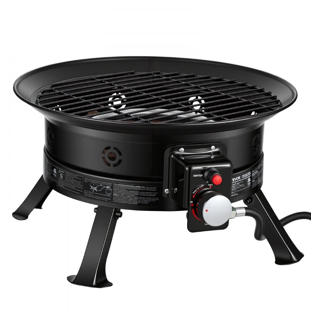 VEVOR Propane Fire Pit 19-Inch, 53,000 BTU Portable Gas Fire Pit, with Grill Grate & Lava Rocks, Adjustable Flame, Folding Legs,Smokeless Outdoor Firebowl for Camping, Patio, Backyard, Deck, RV, Black