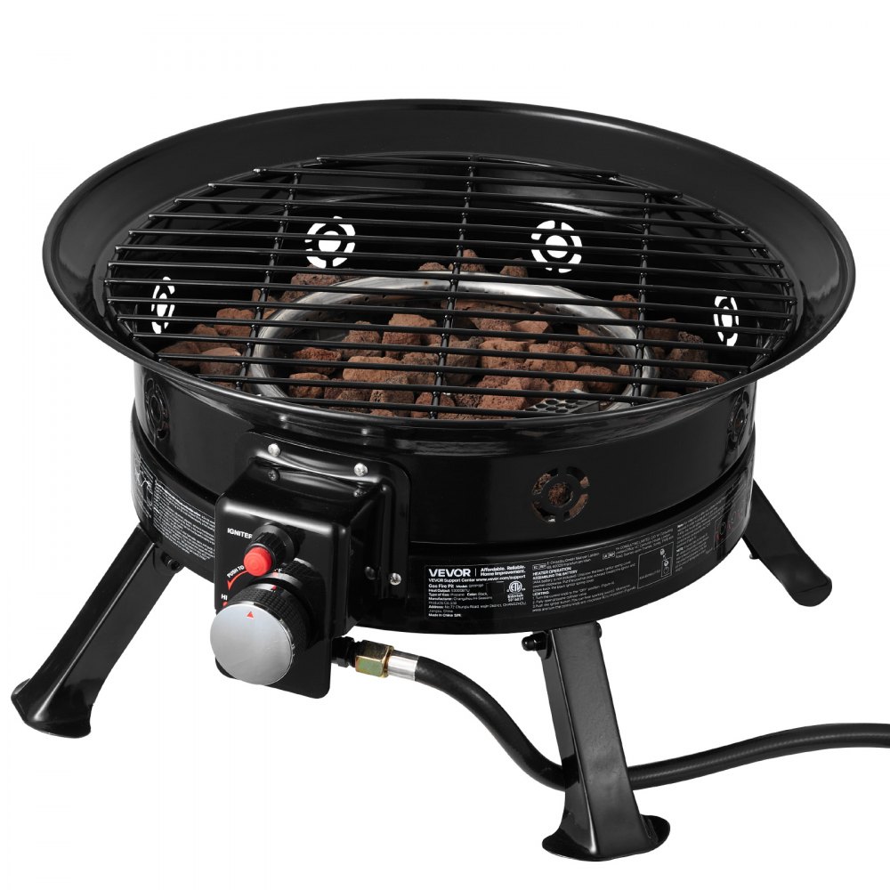 VEVOR Propane Fire Pit 19-Inch, 53,000 BTU Portable Gas Fire Pit, with Grill Grate & Lava Rocks, Adjustable Flame, Folding Legs,Smokeless Outdoor Firebowl for Camping, Patio, Backyard, Deck, RV, Black