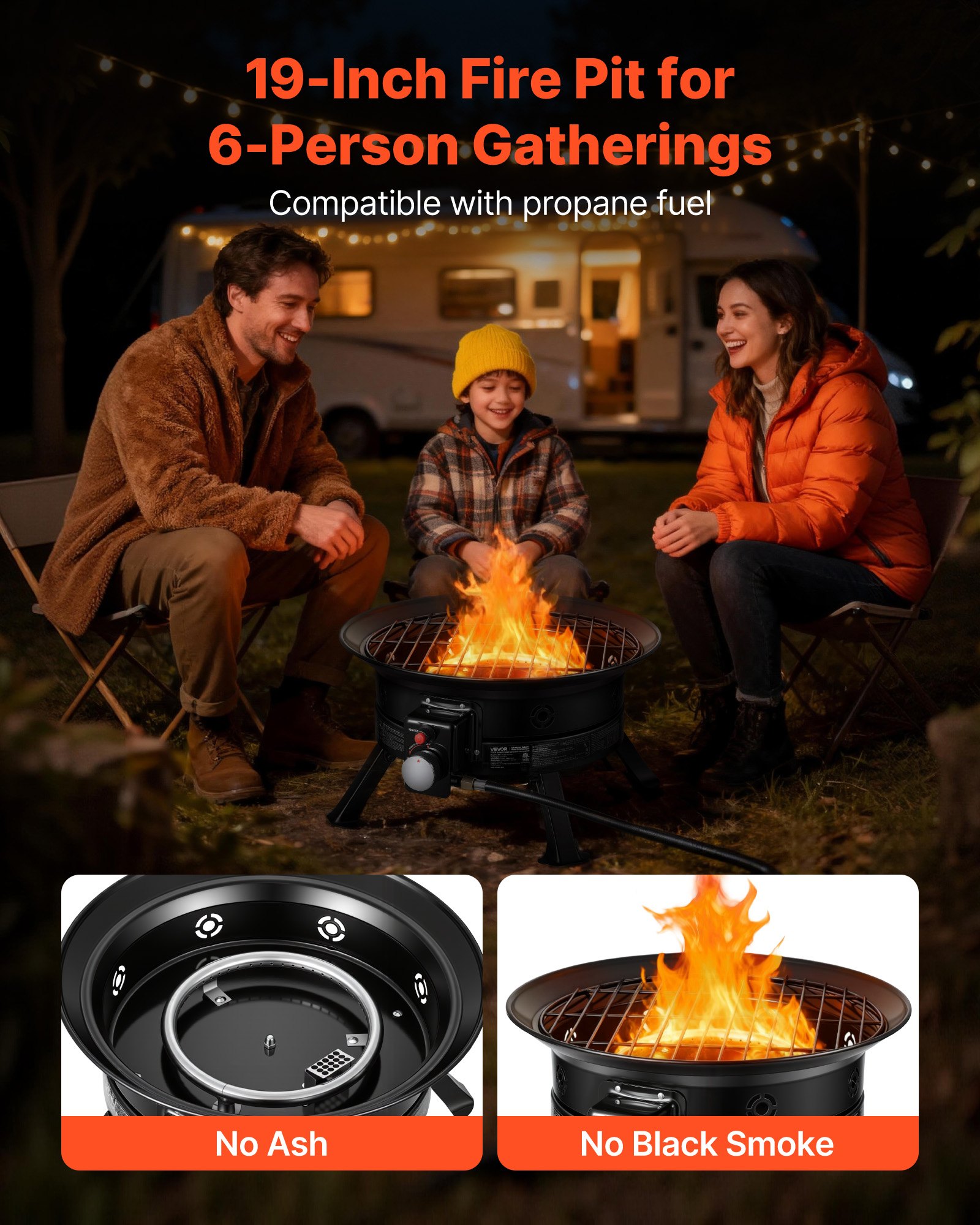 VEVOR Propane Fire Pit 19-Inch, 53,000 BTU Portable Gas Fire Pit, with Grill Grate & Lava Rocks, Adjustable Flame, Folding Legs,Smokeless Outdoor Firebowl for Camping, Patio, Backyard, Deck, RV, Black