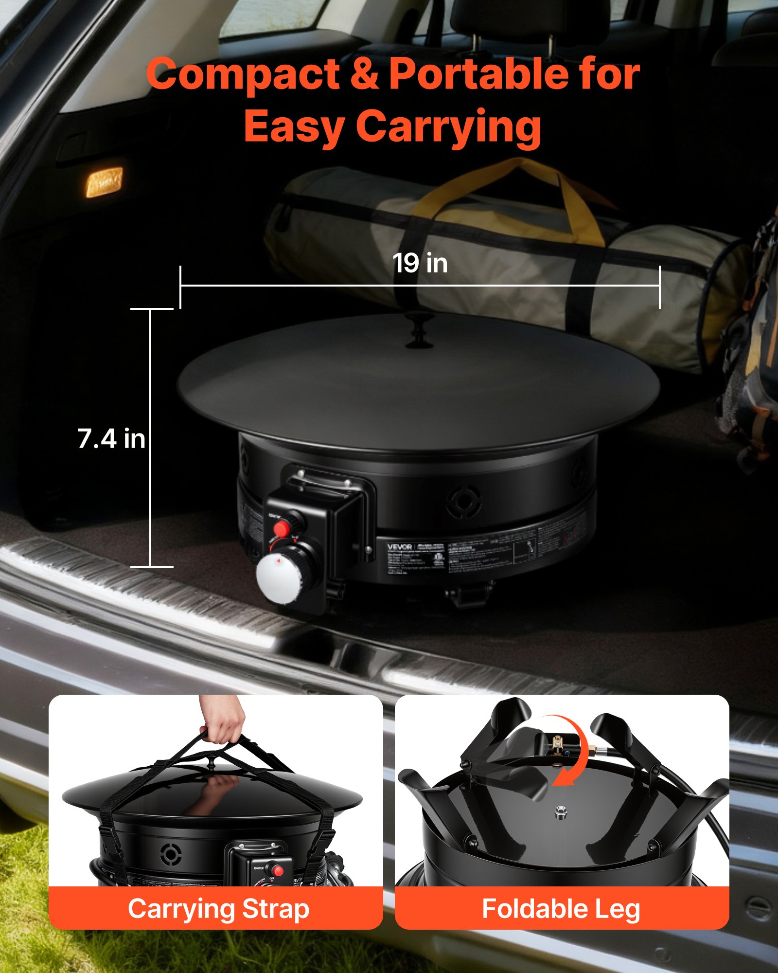 VEVOR Propane Fire Pit 19-Inch, 53,000 BTU Portable Gas Fire Pit, with Grill Grate & Lava Rocks, Adjustable Flame, Folding Legs,Smokeless Outdoor Firebowl for Camping, Patio, Backyard, Deck, RV, Black