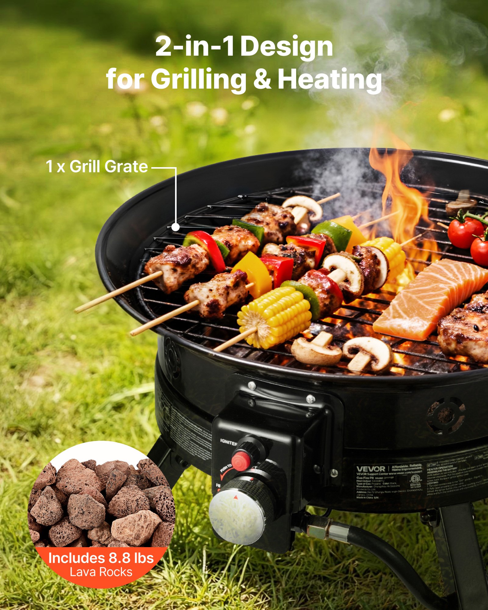 VEVOR Propane Fire Pit 19-Inch, 53,000 BTU Portable Gas Fire Pit, with Grill Grate & Lava Rocks, Adjustable Flame, Folding Legs,Smokeless Outdoor Firebowl for Camping, Patio, Backyard, Deck, RV, Black