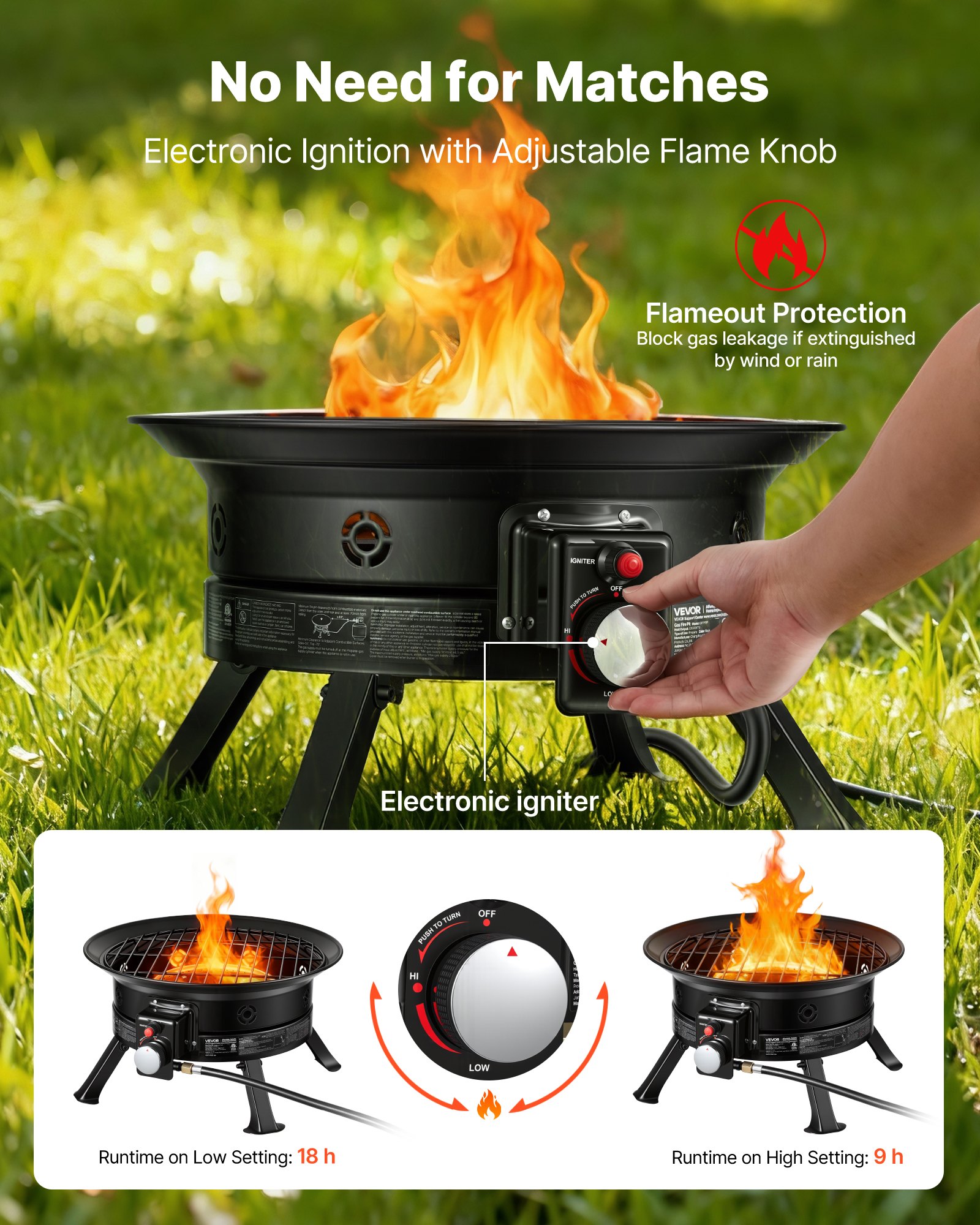 VEVOR Propane Fire Pit 19-Inch, 53,000 BTU Portable Gas Fire Pit, with Grill Grate & Lava Rocks, Adjustable Flame, Folding Legs,Smokeless Outdoor Firebowl for Camping, Patio, Backyard, Deck, RV, Black