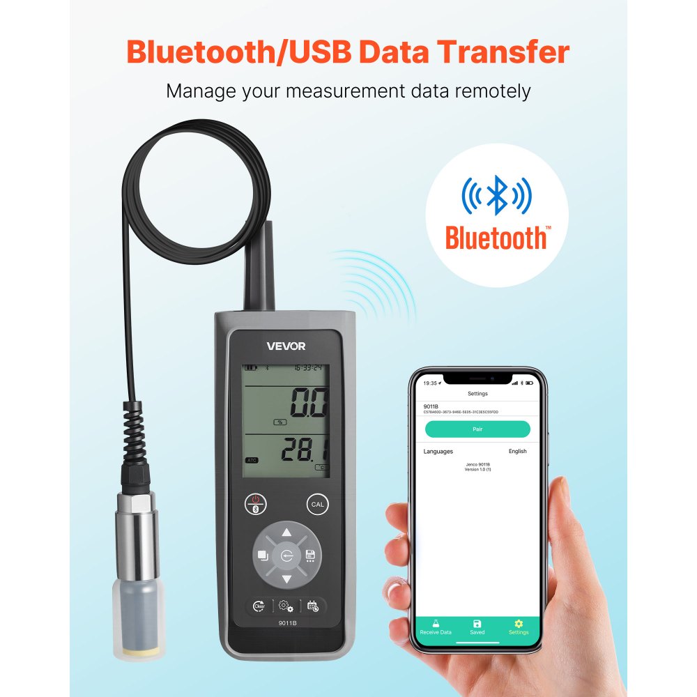 VEVOR Dissolved Oxygen Meter, 0.0-50.0 mg/L Measurement Range, Portable Dissolved Oxygen Tester Kit with 4 m Electrode Cable, Bluetooth/USB Data Transfer, 750 Data Sets Storage, DO Meter for Ponds
