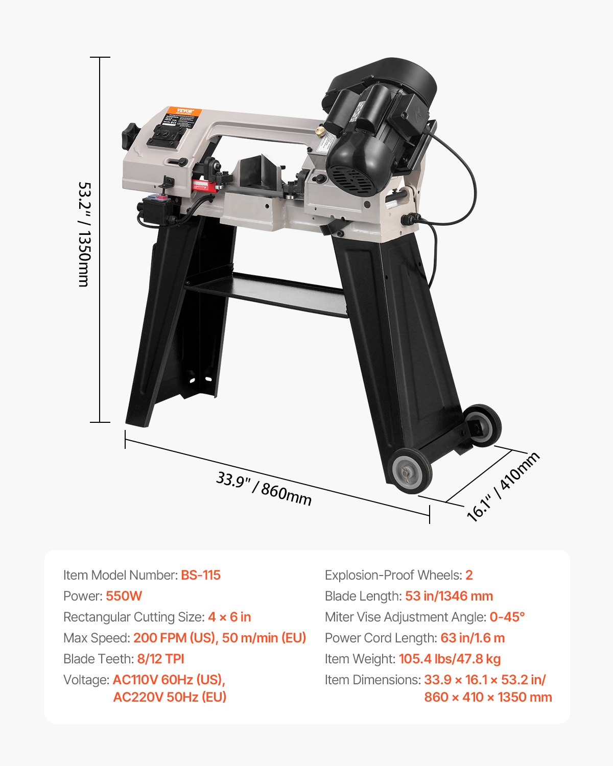 VEVOR Metal Horizontal Band Saw, 4 in x 6 in Rectangular Cutting Capacity, 110V Metal Vertical Cutting Bandsaw with 550W Motor, 0-45° Angle Adjustment, Variable Speed, for Metal, Wood, and Plastic