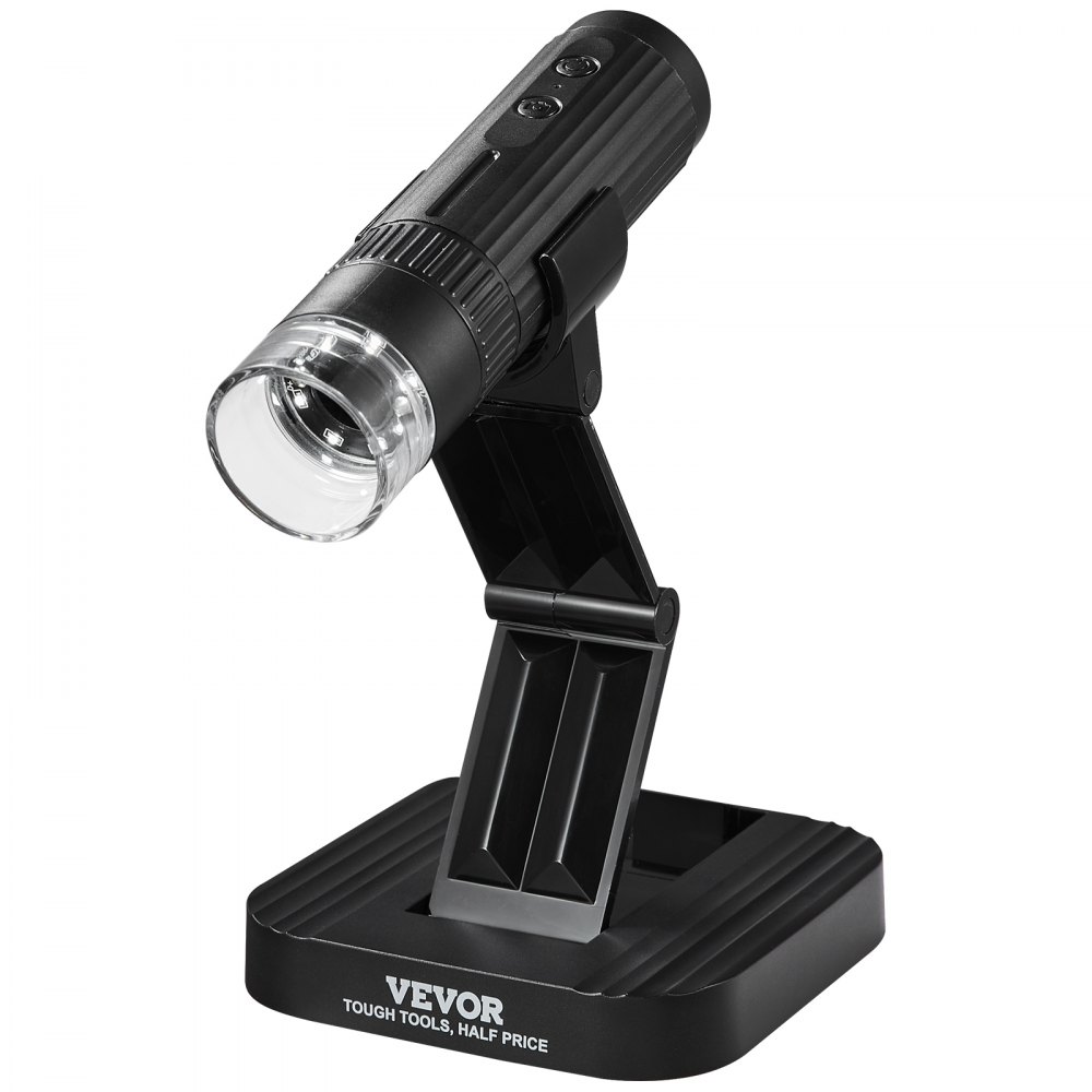 black VEVOR wireless digital microscope with adjustable stand and lens on a sturdy base.