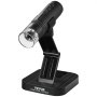 black VEVOR wireless digital microscope with adjustable stand and lens on a sturdy base.