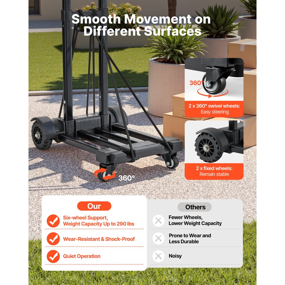 VEVOR Folding Hand Truck, 131.5 kg Load Capacity, Collapsible Luggage Cart with 4 Wheels, 2 Elastic Ropes & Expandable Base, Utility Dolly Platform Cart for Airport Travel Luggage Office Moving, Black