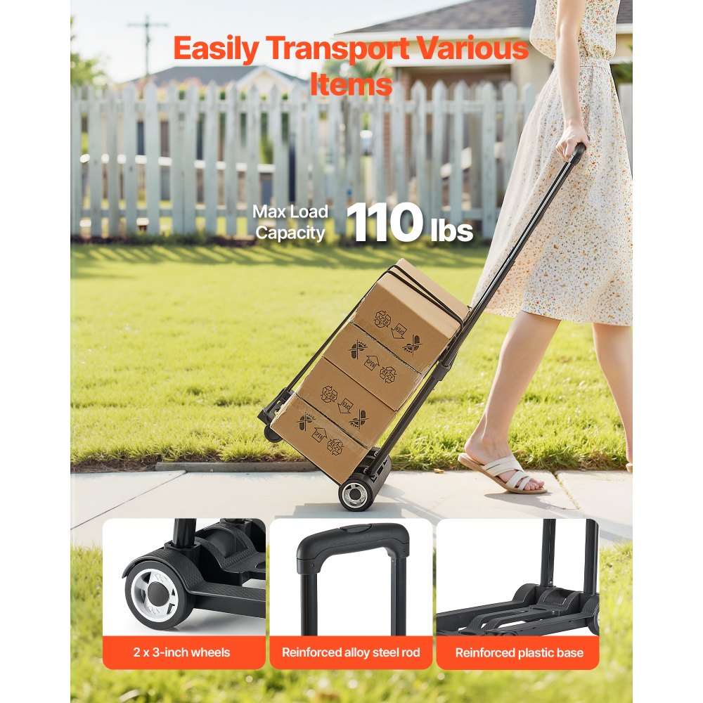 VEVOR Folding Hand Truck, 49.9 kg Load Capacity, Collapsible Luggage Cart with 2 Wheels & 1 Elastic Rope, Utility Dolly Platform Cart for Airport Travel Furniture Luggage Office Moving, Black
