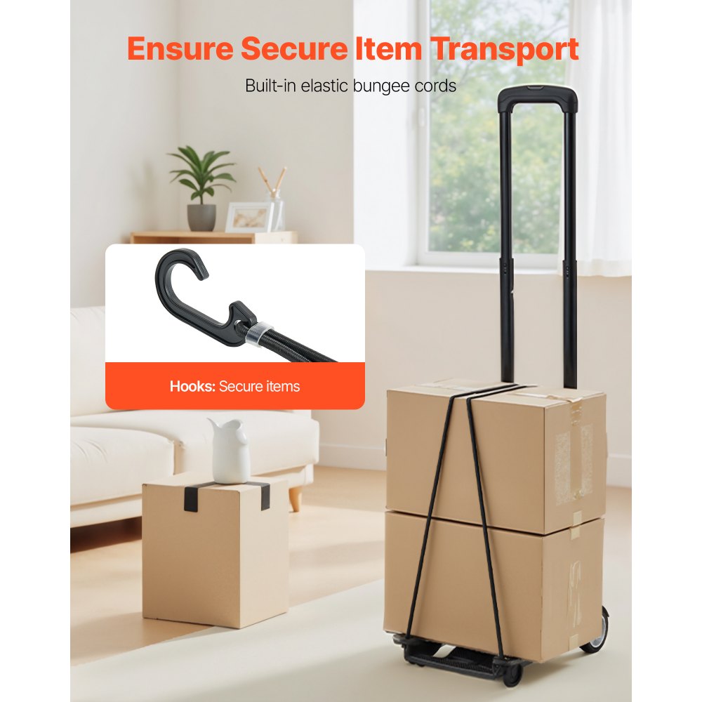 VEVOR Folding Hand Truck, 49.9 kg Load Capacity, Collapsible Luggage Cart with 2 Wheels & 1 Elastic Rope, Utility Dolly Platform Cart for Airport Travel Furniture Luggage Office Moving, Black