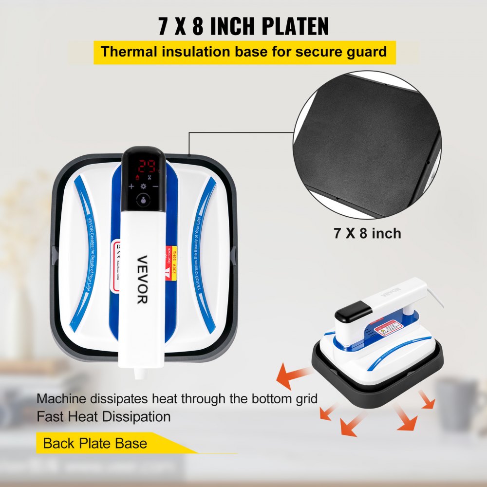 Prensa térmica VEVOR de 18 x 20 cm, 800 W, 0-200 °C, pantalla táctil de alta sensibilidad, doble tubo de calentamiento, portátil, para camisetas, con función de vibración.