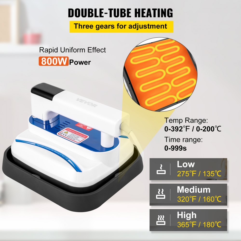 Prensa térmica VEVOR de 18 x 20 cm, 800 W, 0-200 °C, pantalla táctil de alta sensibilidad, doble tubo de calentamiento, portátil, para camisetas, con función de vibración.