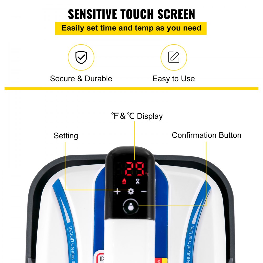 Prensa térmica VEVOR de 18 x 20 cm, 800 W, 0-200 °C, pantalla táctil de alta sensibilidad, doble tubo de calentamiento, portátil, para camisetas, con función de vibración.