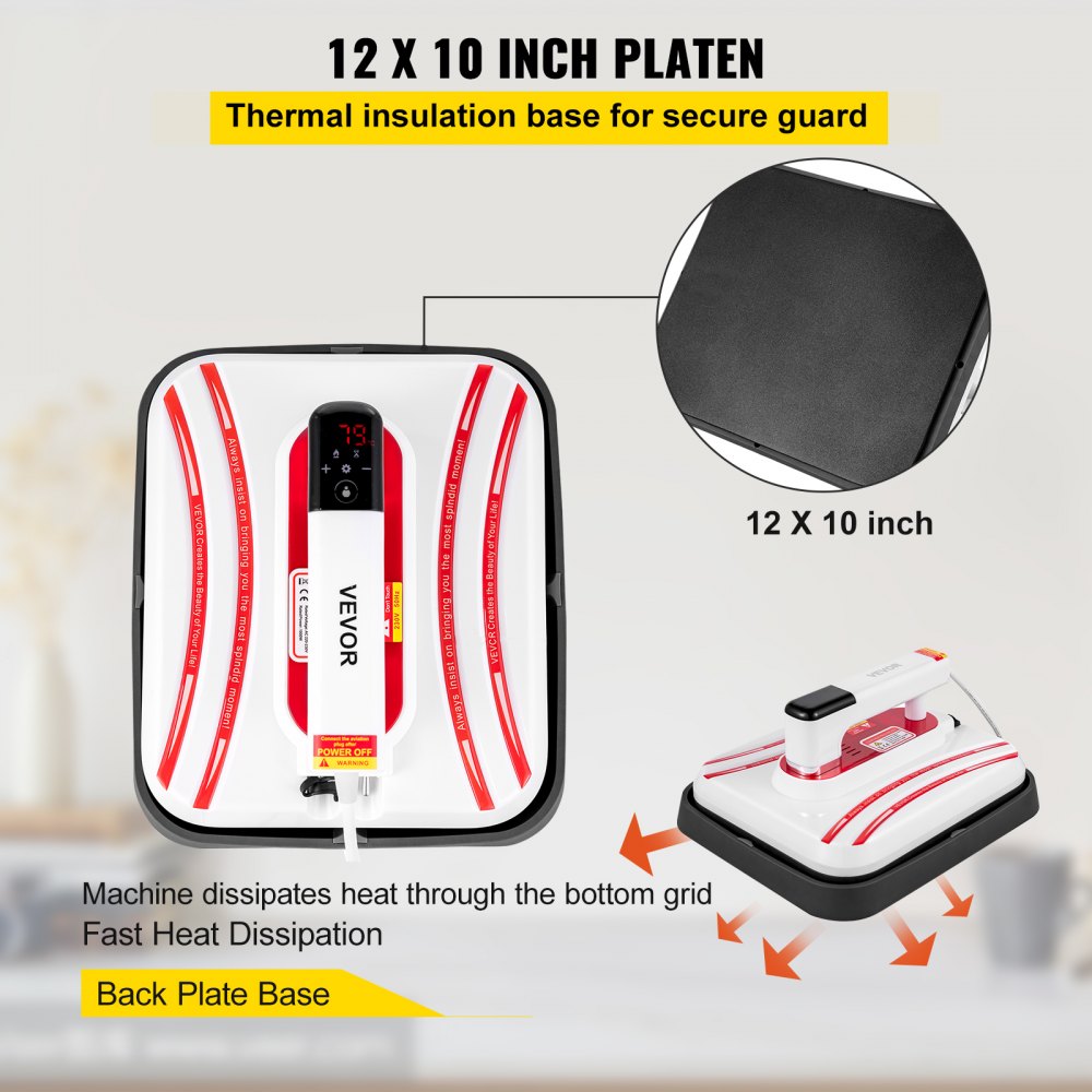 VEVOR Heat Press 12 x 10 Inch Easy Press 800W Red Mini Press Portable Easy Mini Press Vibration Function Double-Tube Heating Heat Press Machine for T Shirts with Highly-Sensitive Touch Screen Display