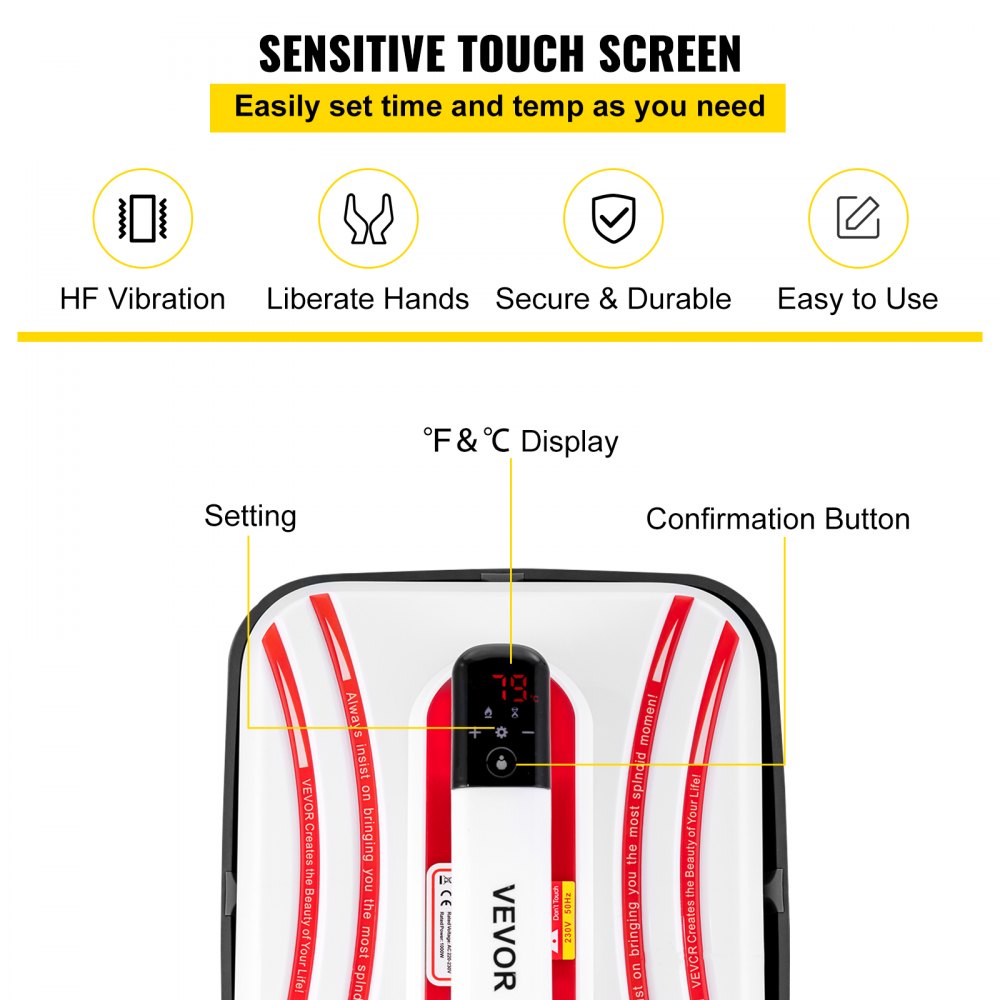 VEVOR Heat Press 12 x 10 Inch Easy Press 800W Red Mini Press Portable Easy Mini Press Vibration Function Double-Tube Heating Heat Press Machine for T Shirts with Highly-Sensitive Touch Screen Display