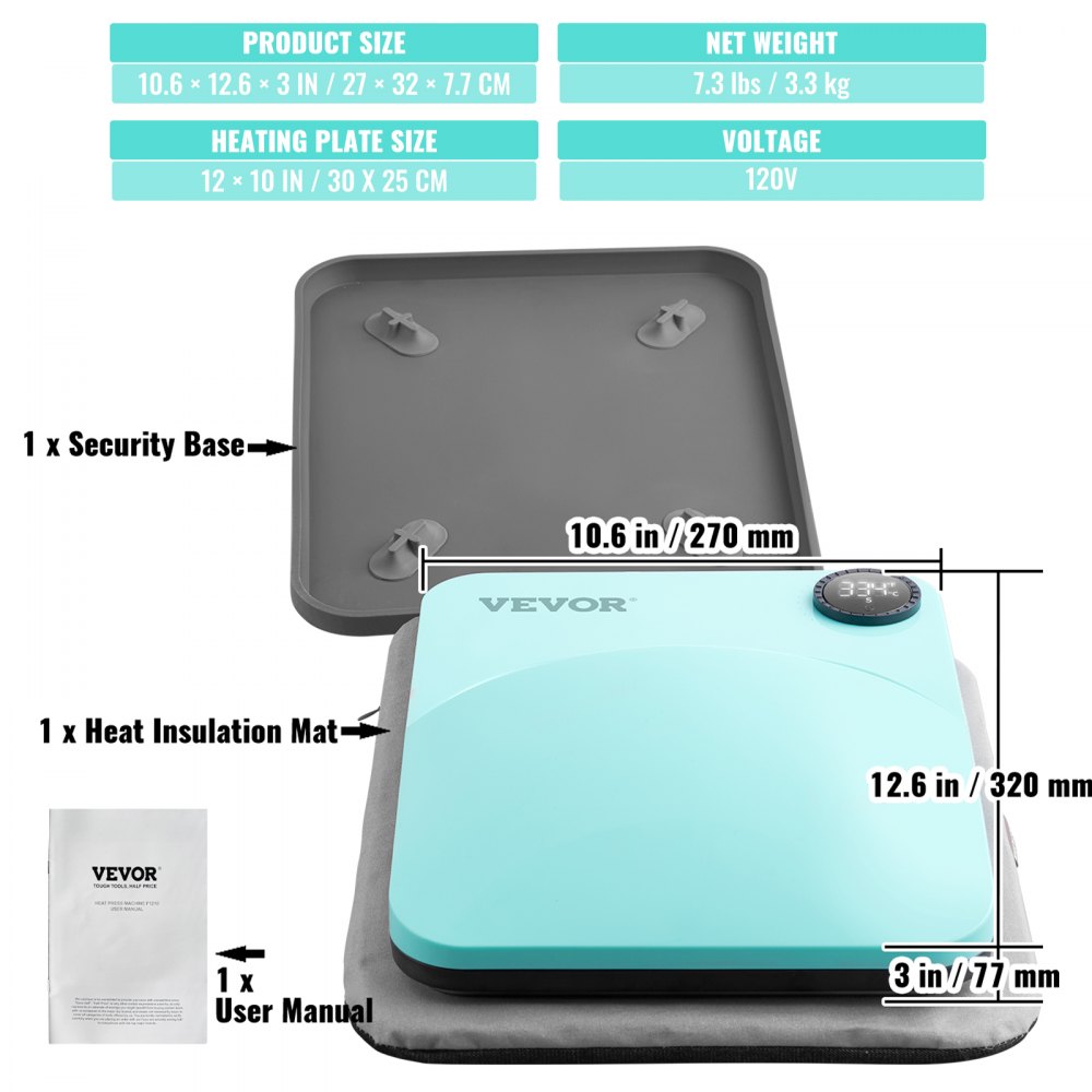 VEVOR Heat Press Machine,10x12inches Portable Shirt Printing Multifunctional Sublimation Transfer Heat Press Machine PTFE Coated, Easy Iron-on Press for T-shirts/Bags/Pillows/HTV Vinyl Projects