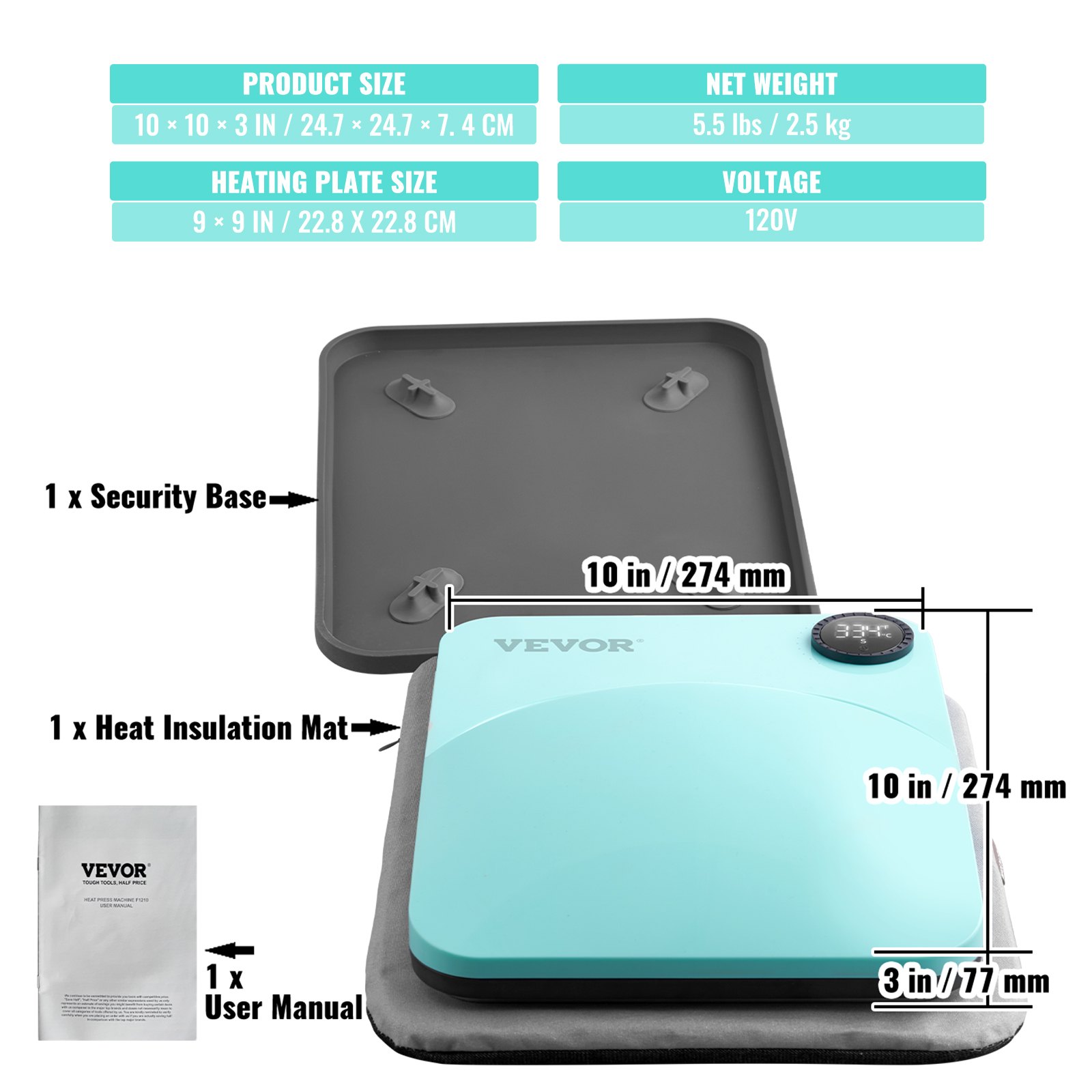 VEVOR Heat Press 9 x 9 in/22.9 x 22.9 cm Portable Easy Press Sublimation Transfer DIY T-shirt