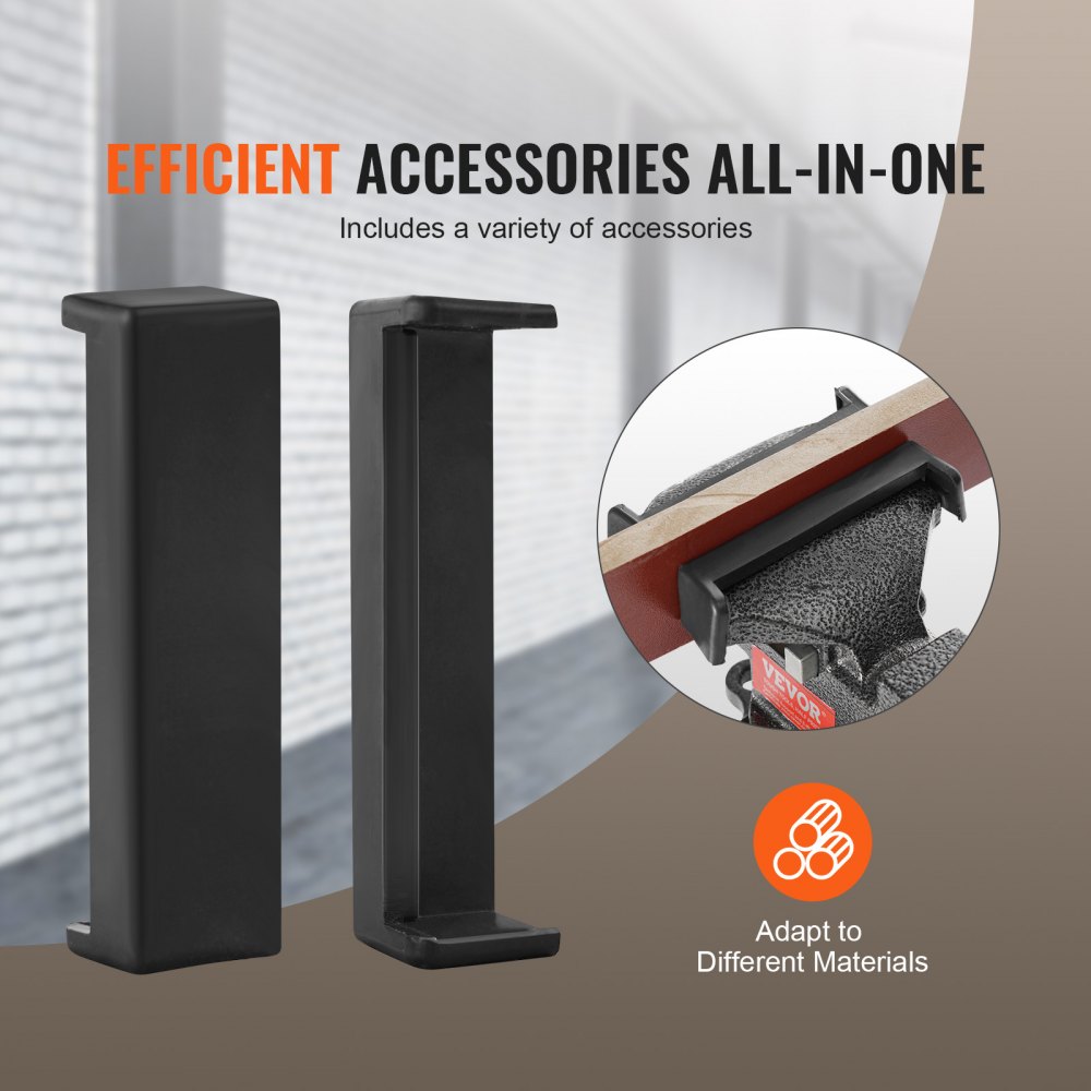 VEVOR bench vise with efficient all-in-one accessories, adapts to different materials.