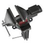 black cast iron VEVOR bench vise with serrated jaws and rotating base on a white background.