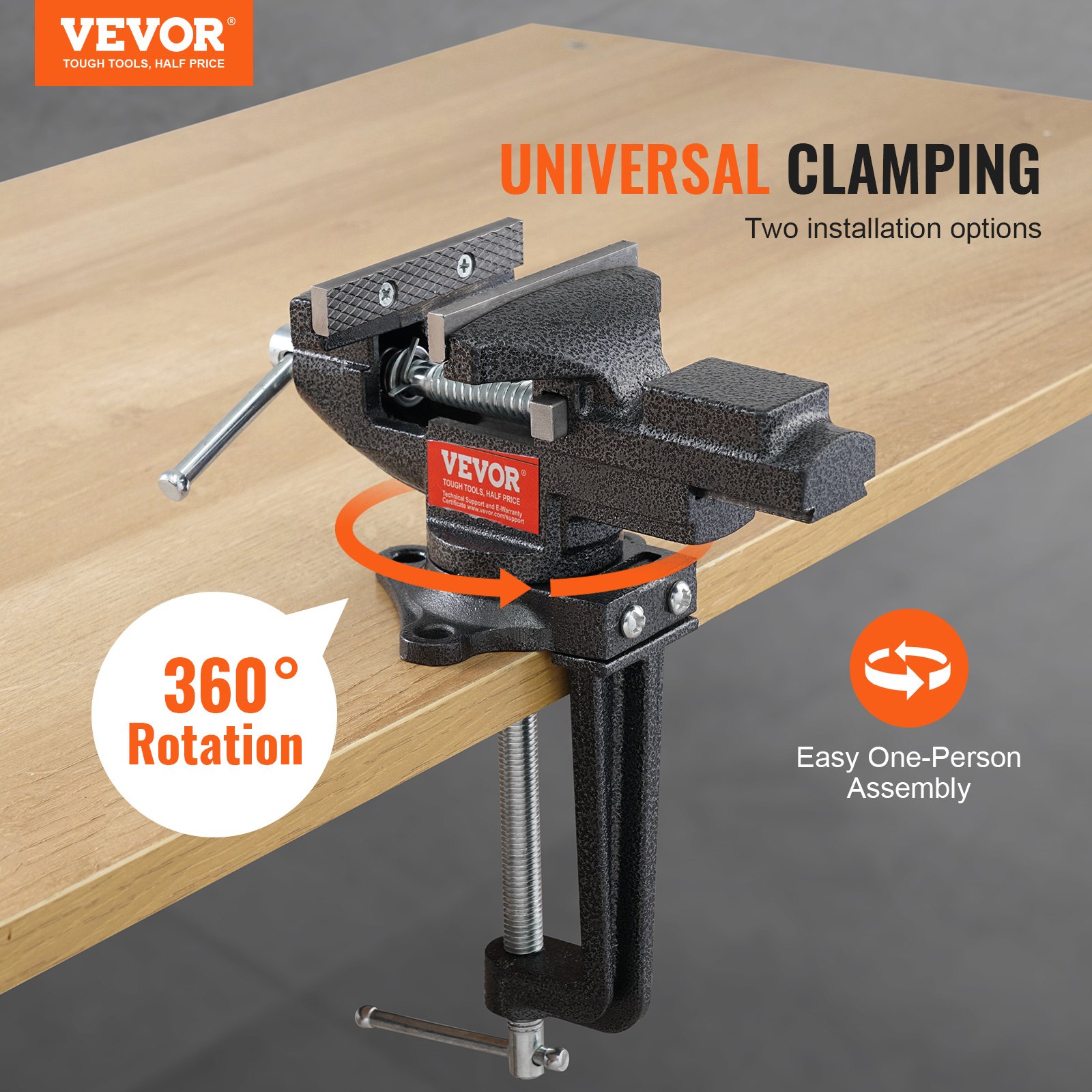 VEVOR bench vise with 360° rotation, universal clamping, and easy one-person assembly on wooden workbench.