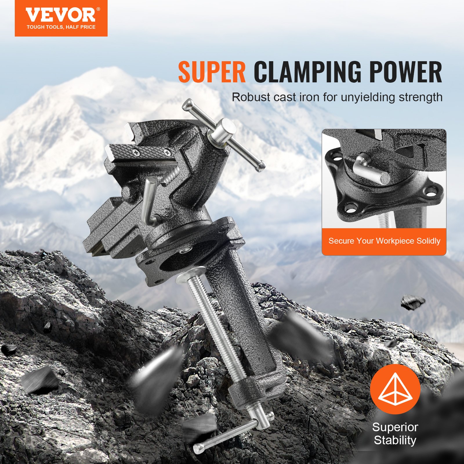 VEVOR bench vise displaying super clamping power on a rocky mountain background for stability.