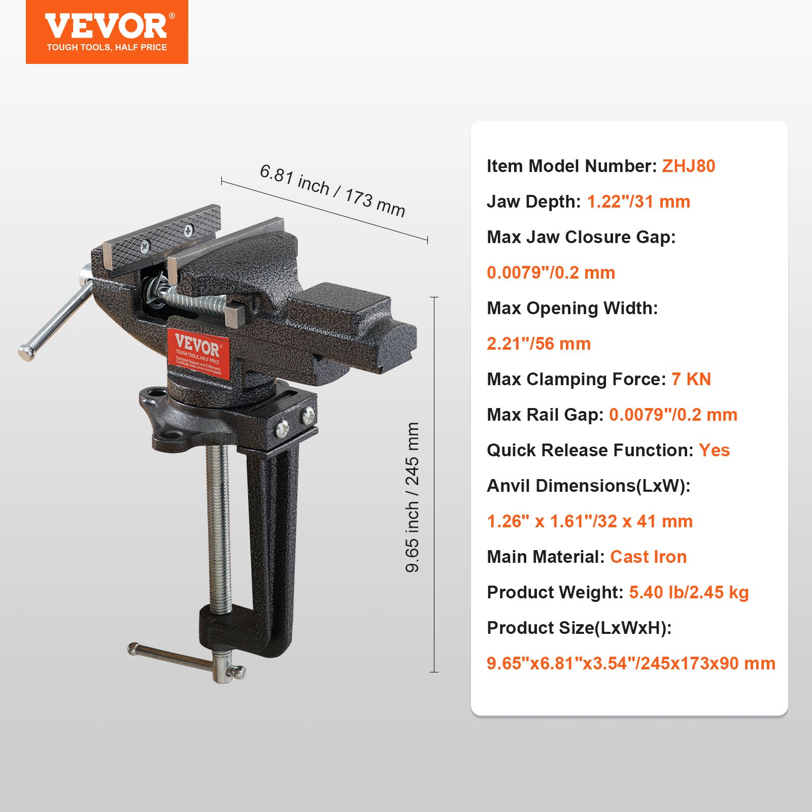 VEVOR bench vise model zhj80 with jaw depth 31 mm, anvil dimensions 32x41 mm, and max clamping force 7 kn.