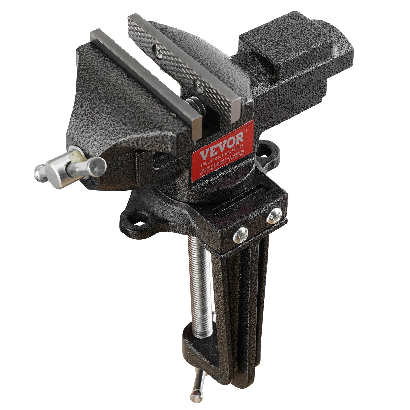 VEVOR bench vise with rotating base and textured jaws for secure grip, ideal for workshop use.