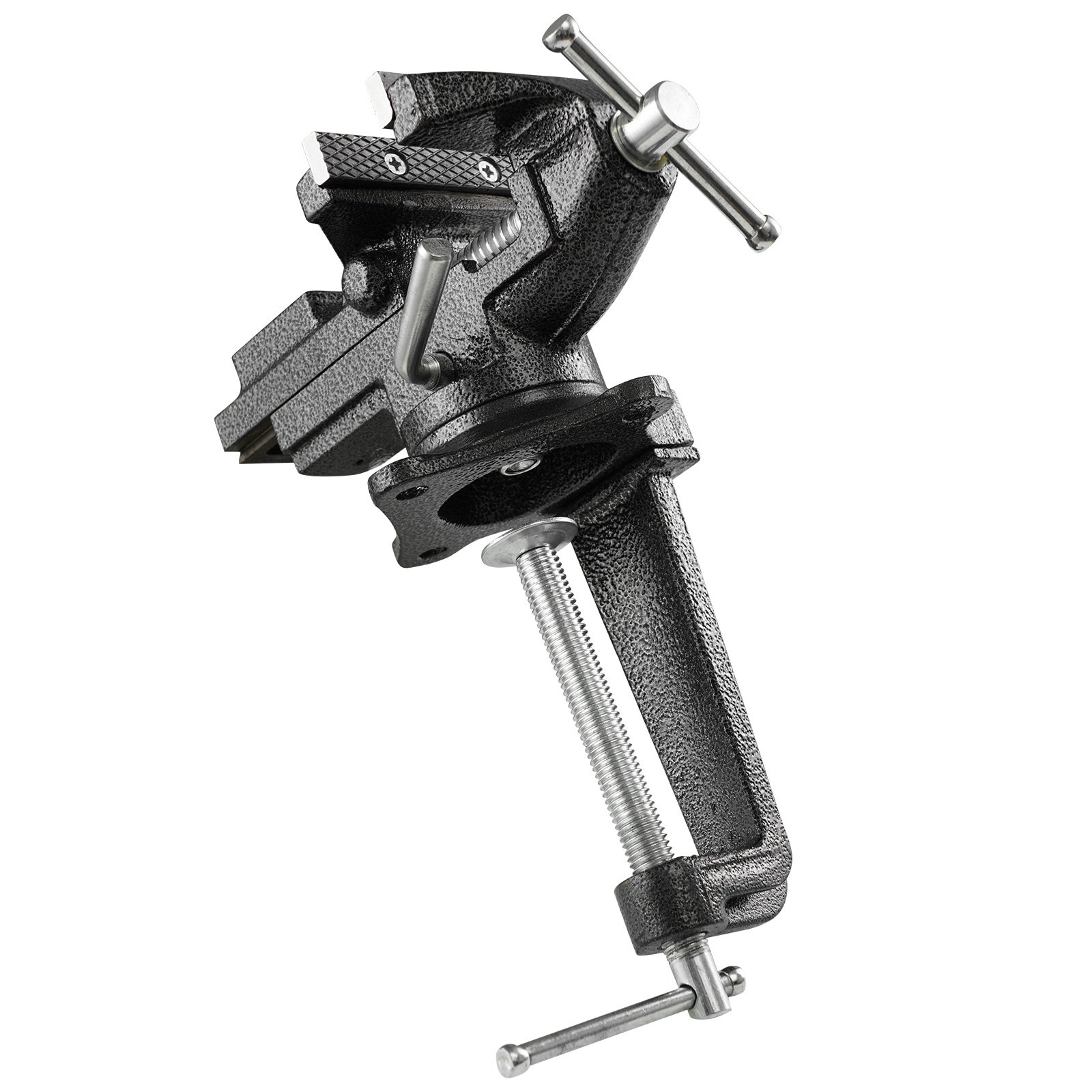VEVOR bench vise in black steel with rotating head and dual clamp handles.