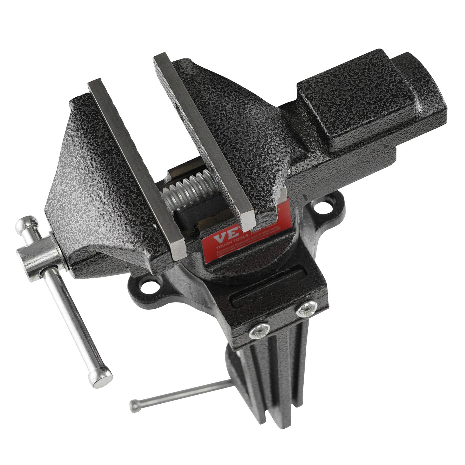 black cast iron VEVOR bench vise with serrated jaws and rotating base on a white background.